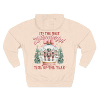 Preppy pink fleece hoodie with vintage snow globe and nutcracker design for cozy winter comfort