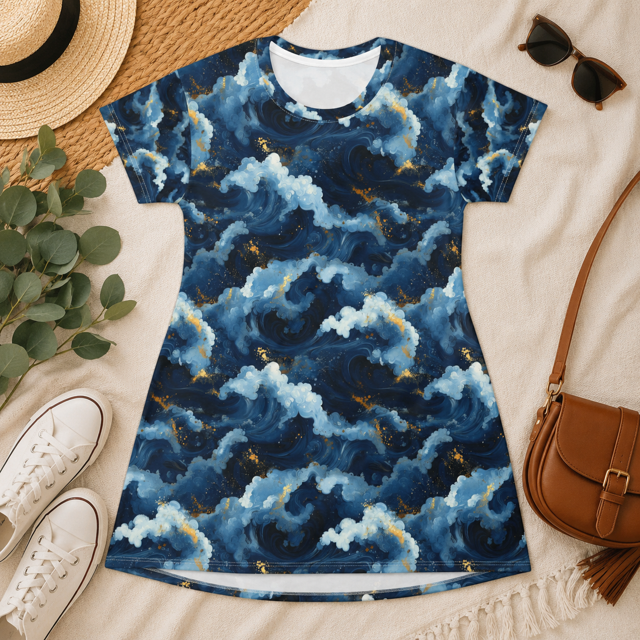 Navy Storm Cloud Pattern T-Shirt Dress | All-Over Print
