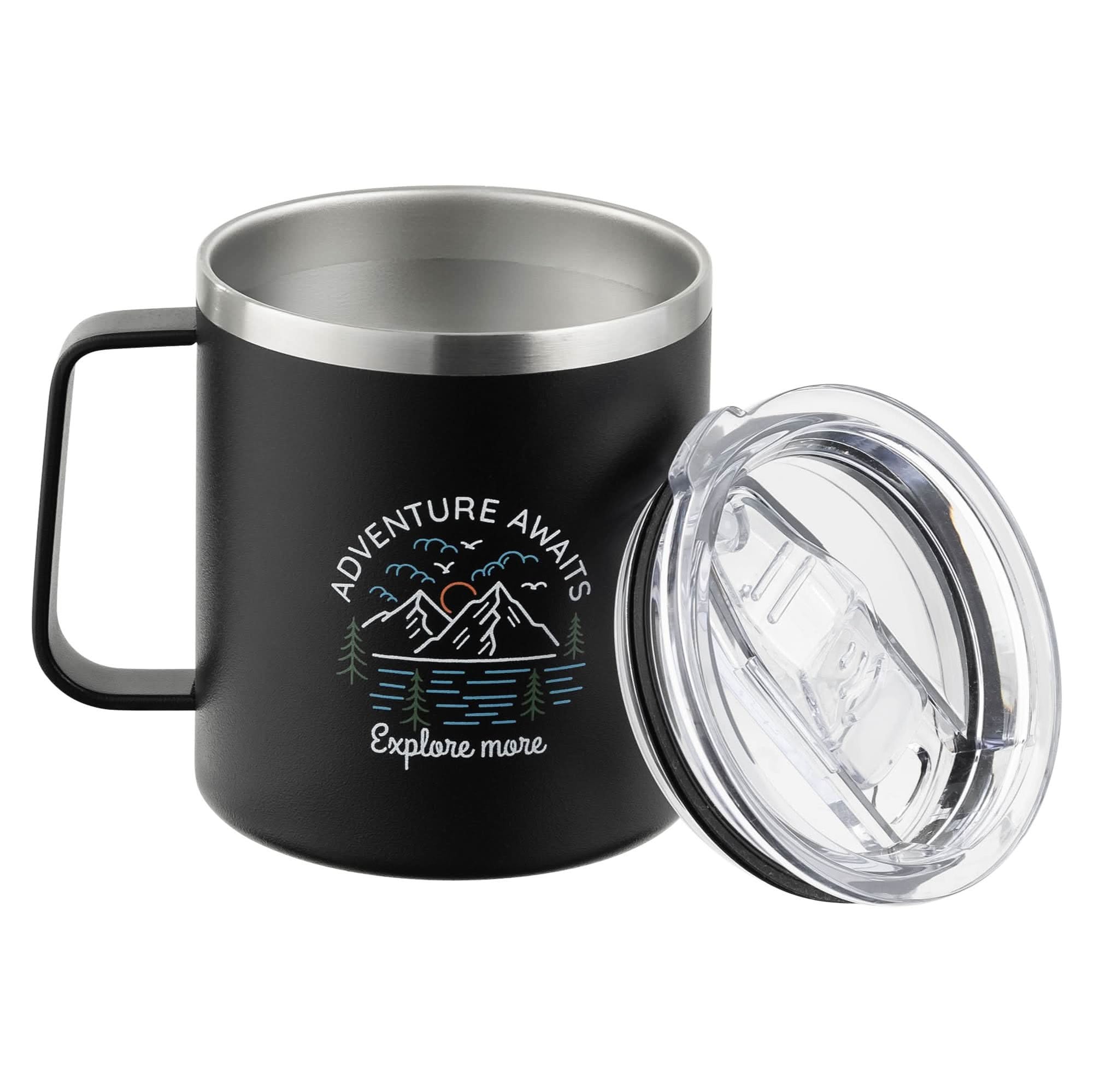12 oz stainless steel travel mug with double-wall insulation and spill-resistant lid for hot and cold beverages
