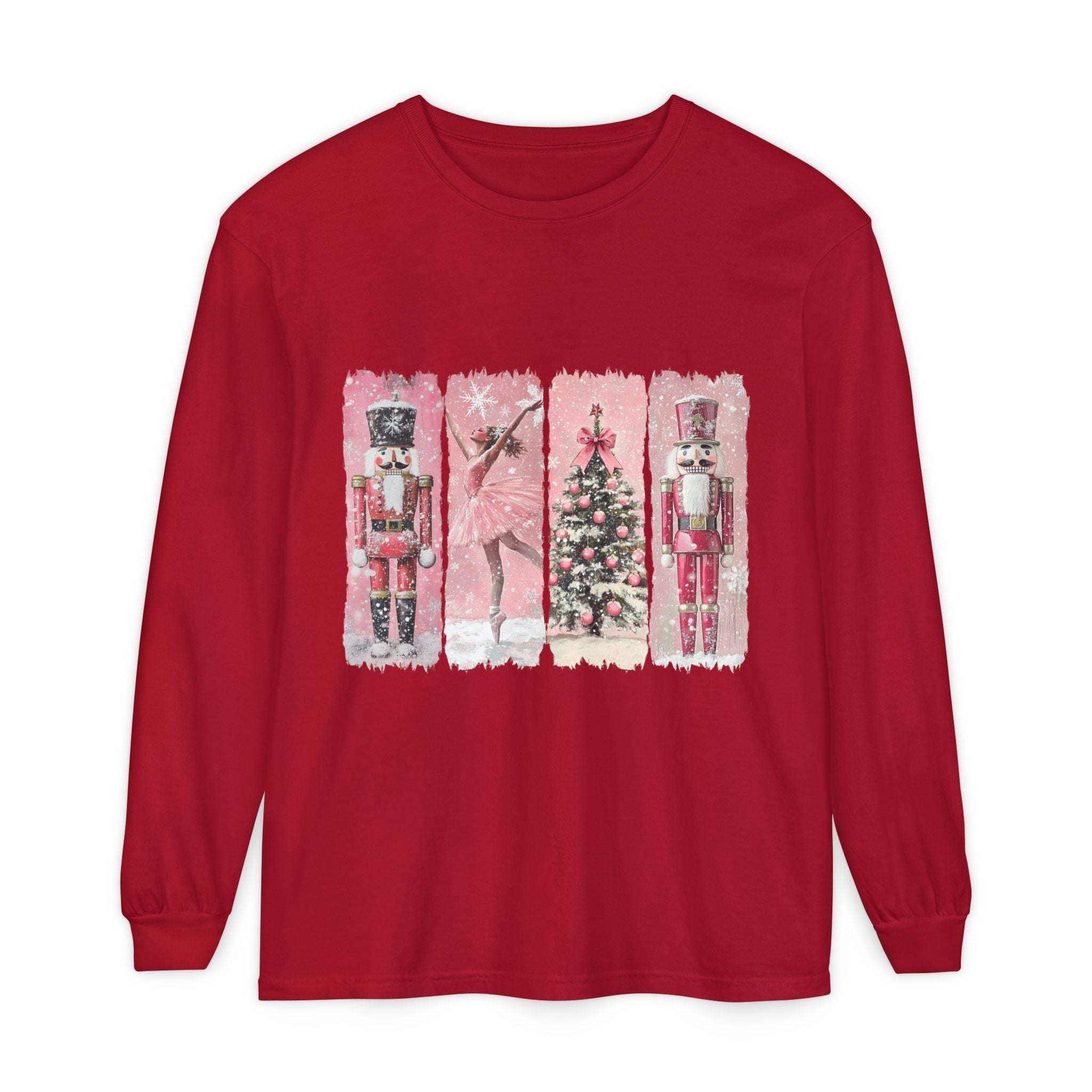 Red long sleeve t-shirt with preppy pink watercolor Nutcracker and Christmas tree design for holiday season