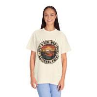 Just a Girl Who Loves National Parks T-Shirt in soft garment-dyed cotton with relaxed fit, perfect for outdoor adventures