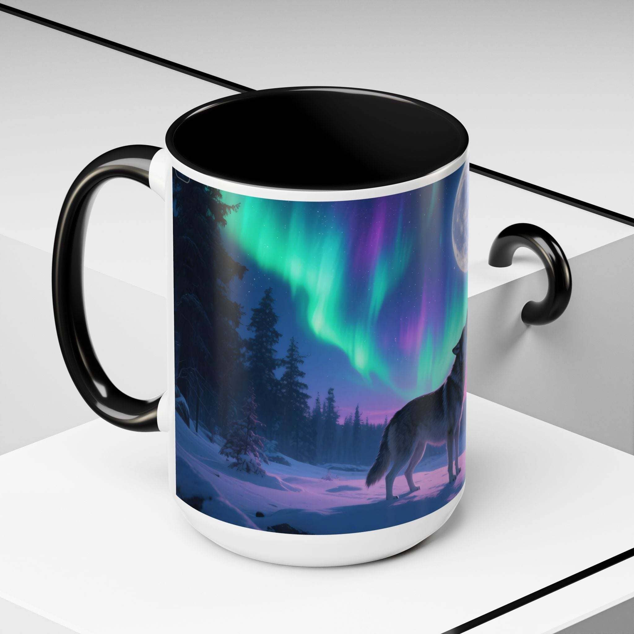 Ceramic mug with howling wolf silhouette and aurora borealis design, black interior and handle, microwave and dishwasher safe