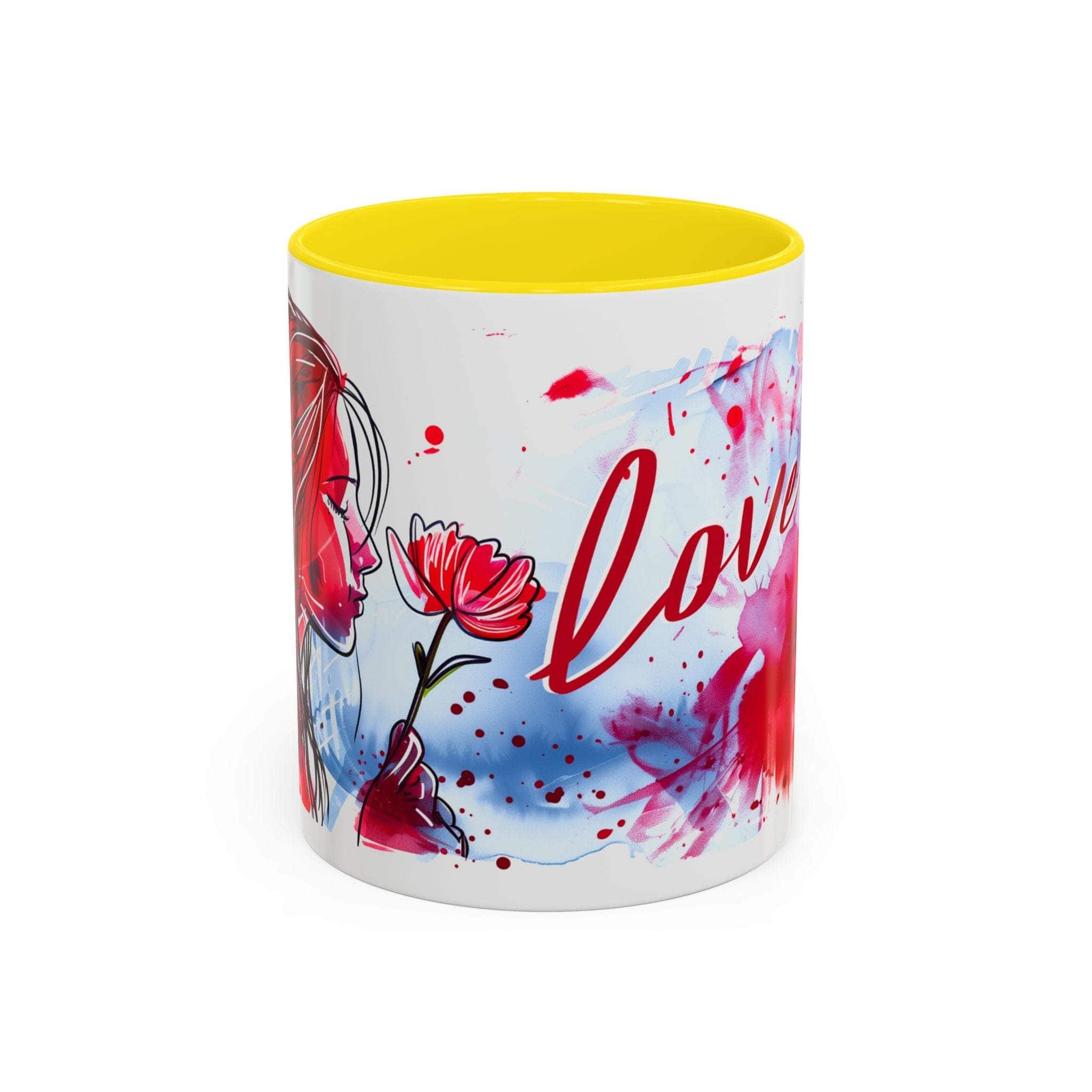 Valentines Floral Love Accent Coffee Mug with romantic heart and floral design, yellow interior, and C-shaped handle