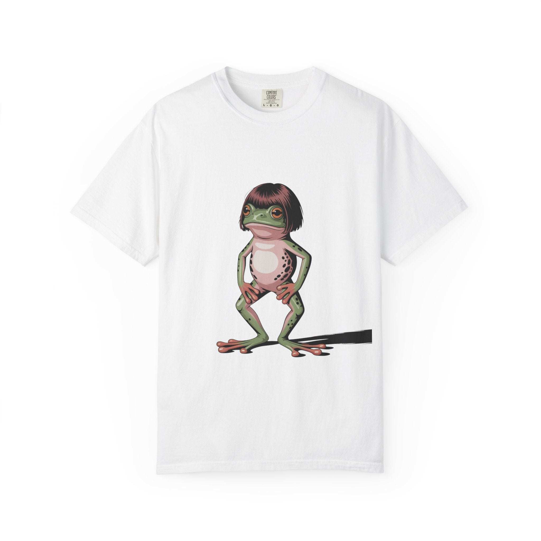 White t-shirt with a graphic of a person with a frog's body on a white background