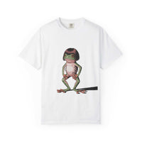 White t-shirt with a graphic of a person with a frog's body on a white background