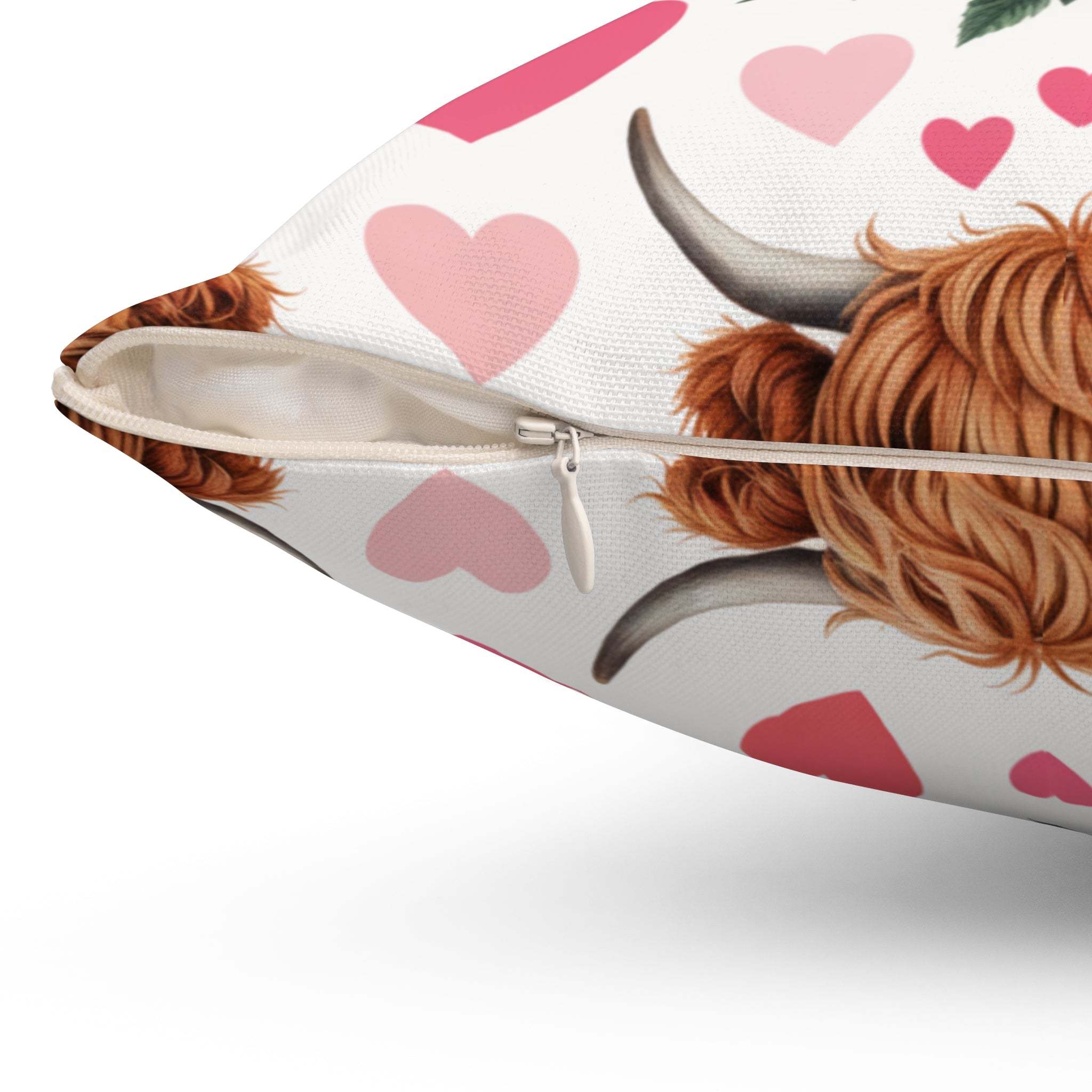 Floral Valentine Highland Cow Pillow with beige tones and delicate blossoms for rustic decor