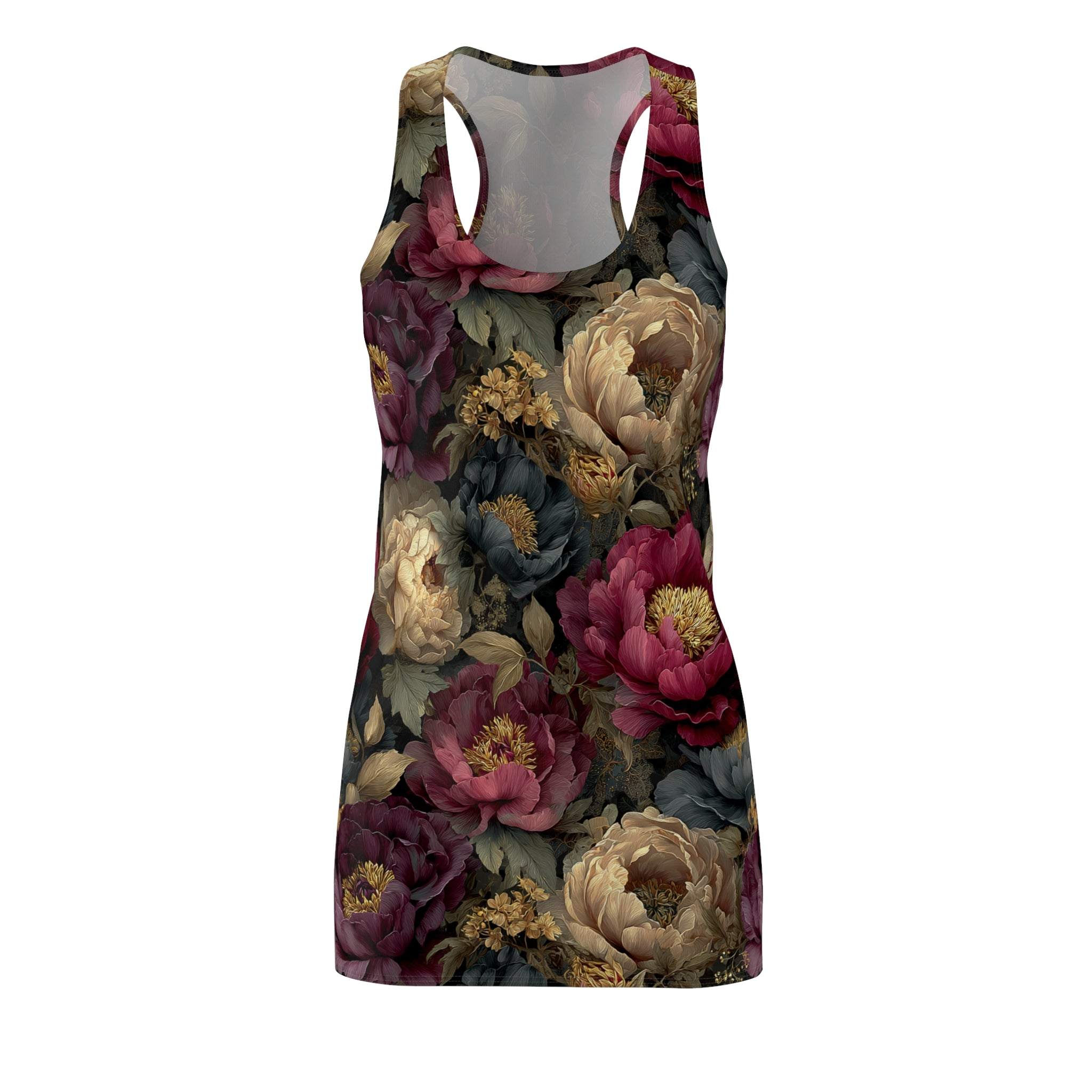 Vintage dark floral racerback dress with burgundy peonies and ivory blooms in lightweight polyester fabric