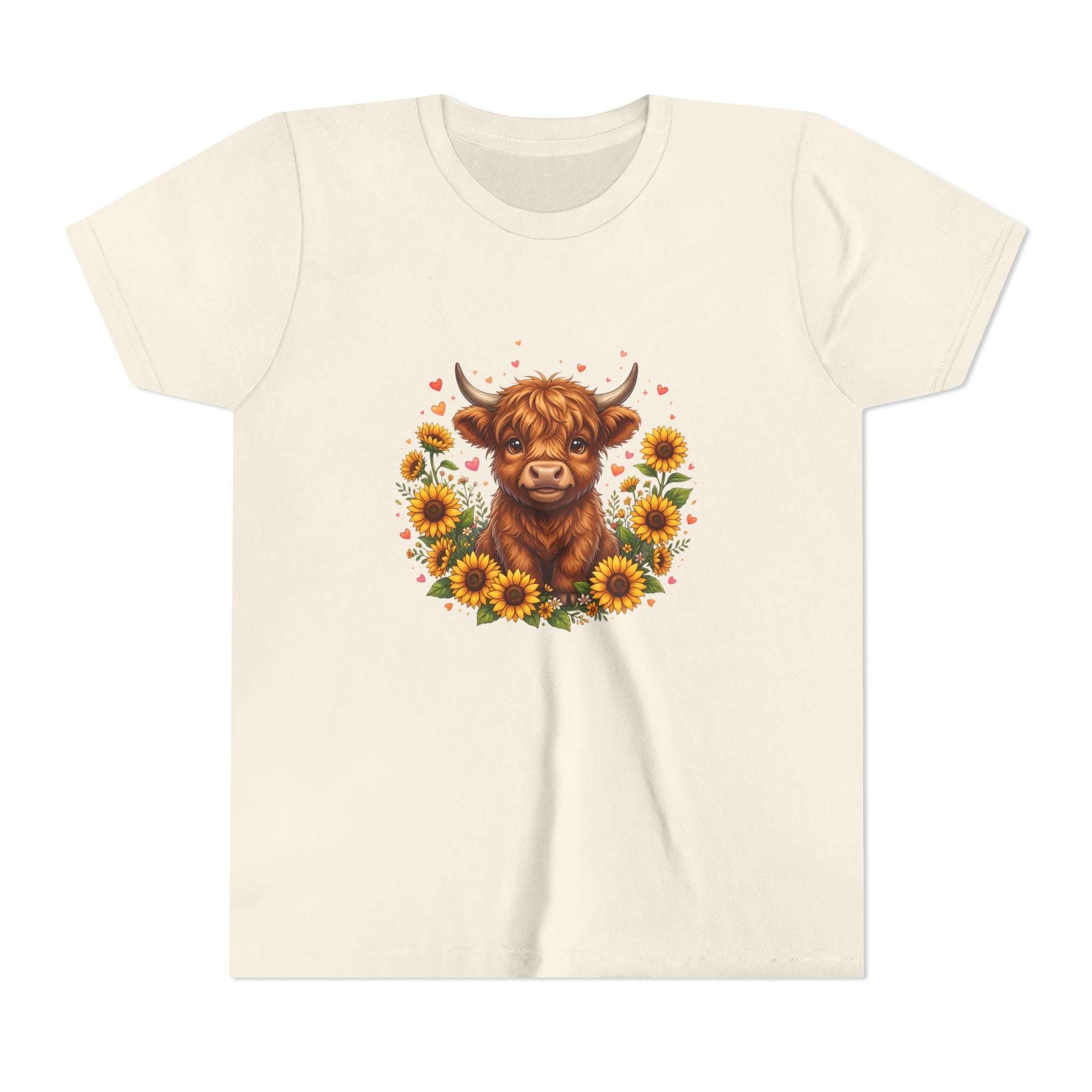 Highland Cow with Sunflowers Youth Tee | Cute Calf Floral Kids Shirt