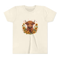 Youth tee featuring Highland cow with sunflowers floral design on soft cotton fabric