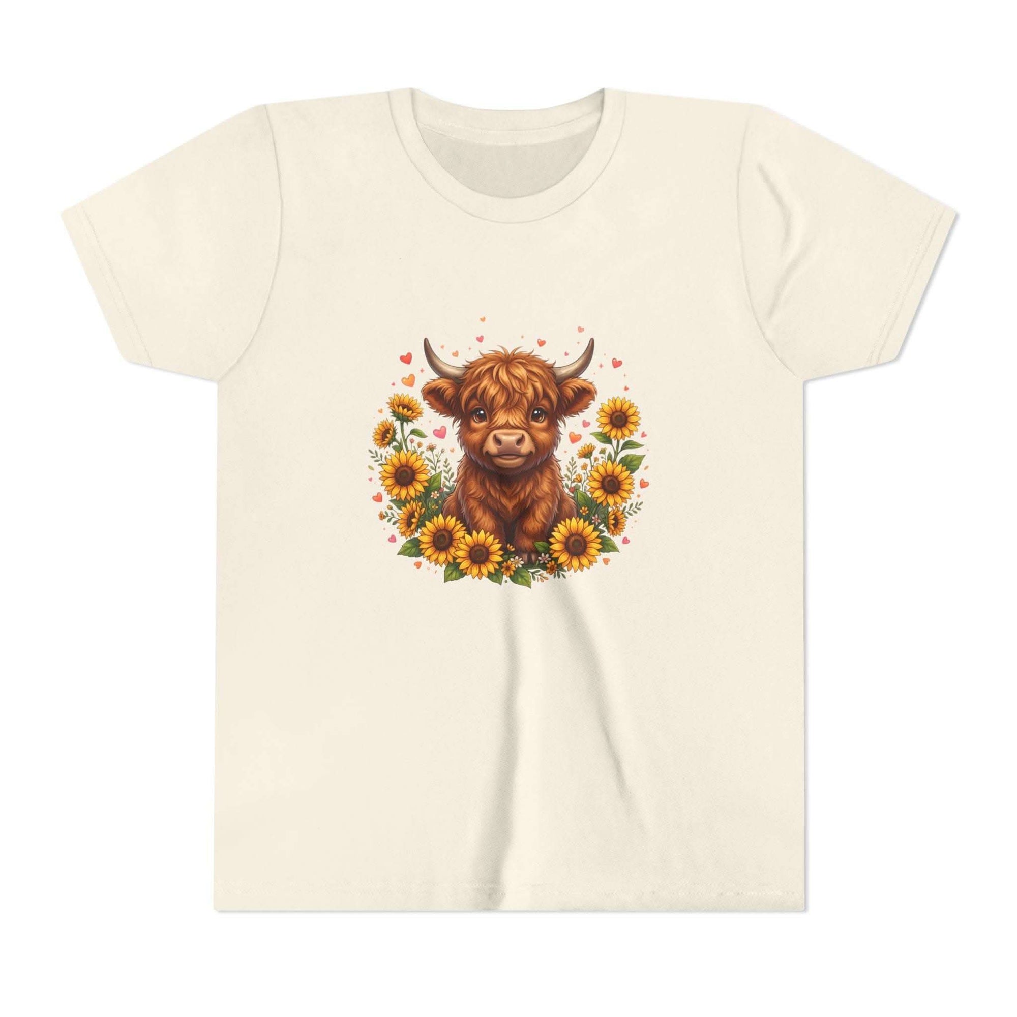 Youth tee featuring Highland cow with sunflowers floral design on soft cotton fabric