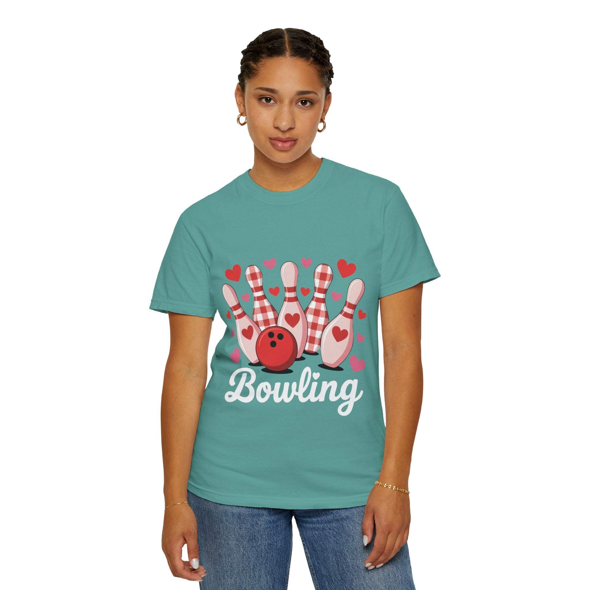 Valentine's Bowling Hearts Tshirt with tiny hearts and curved bowling pin design on soft, heavyweight cotton