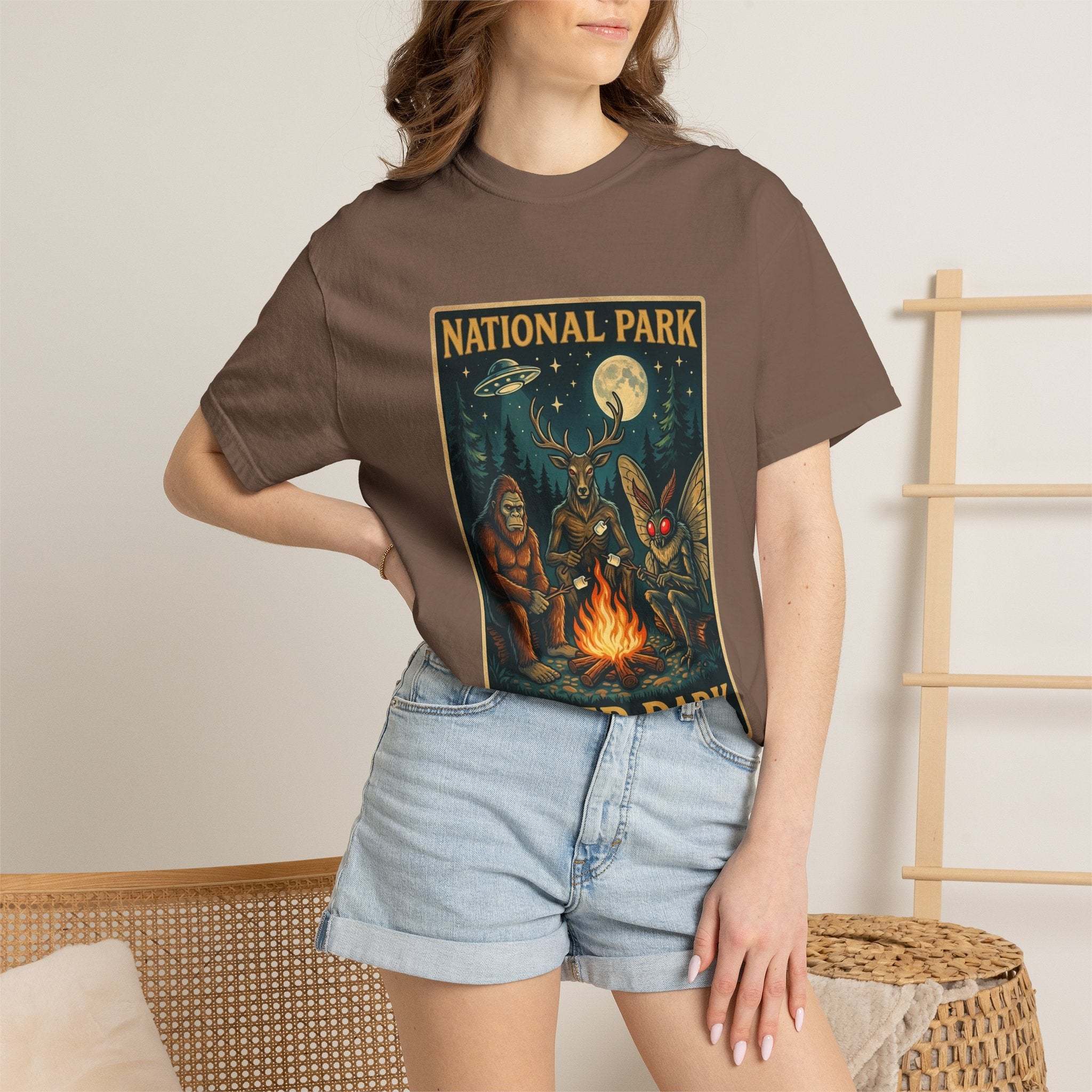 National Park After Dark T-Shirt | Campfire Sasquatch Mothman Night Creatures
