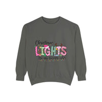 White sweatshirt featuring colorful Christmas lights, perfect for festive wear by Printify