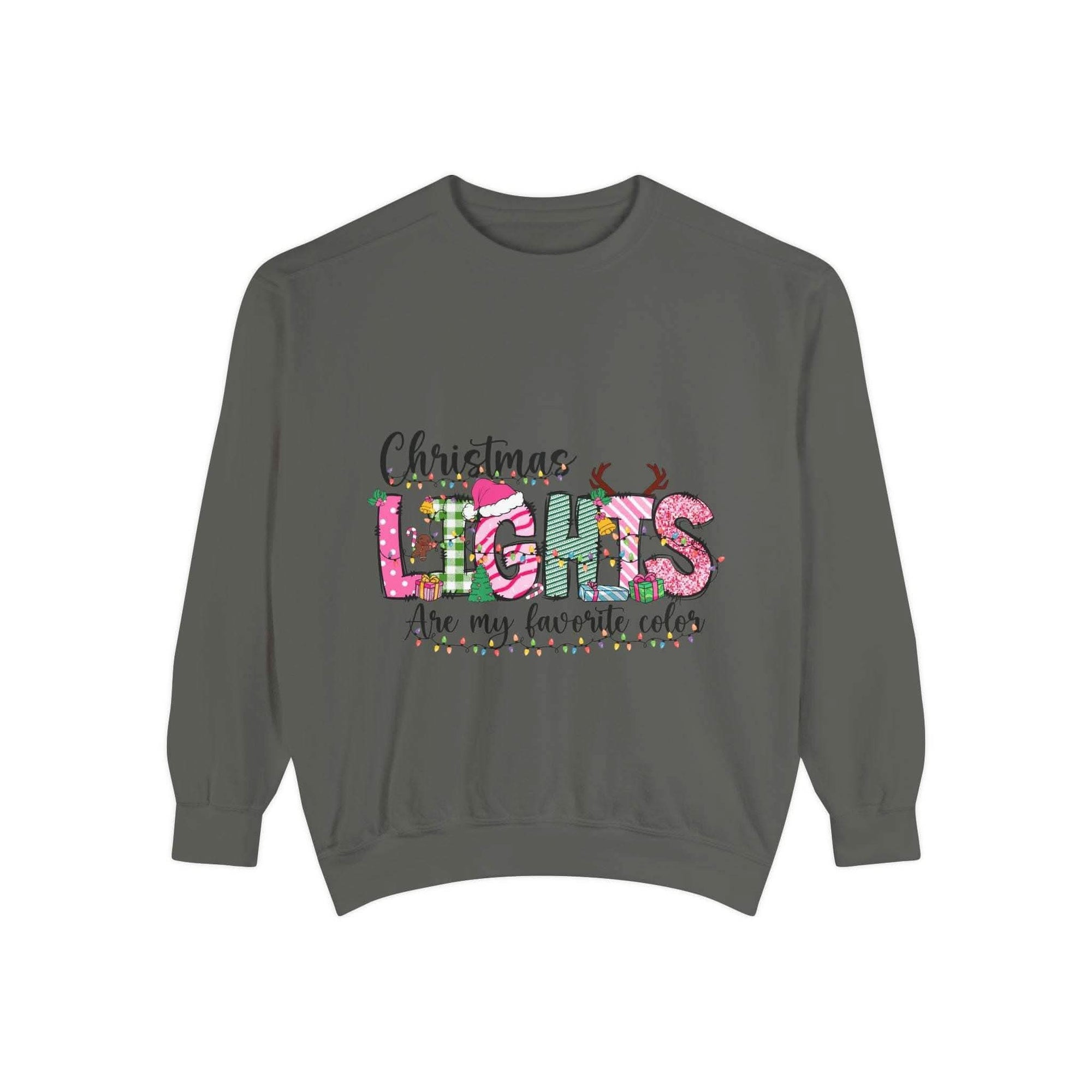 White sweatshirt featuring colorful Christmas lights, perfect for festive wear by Printify