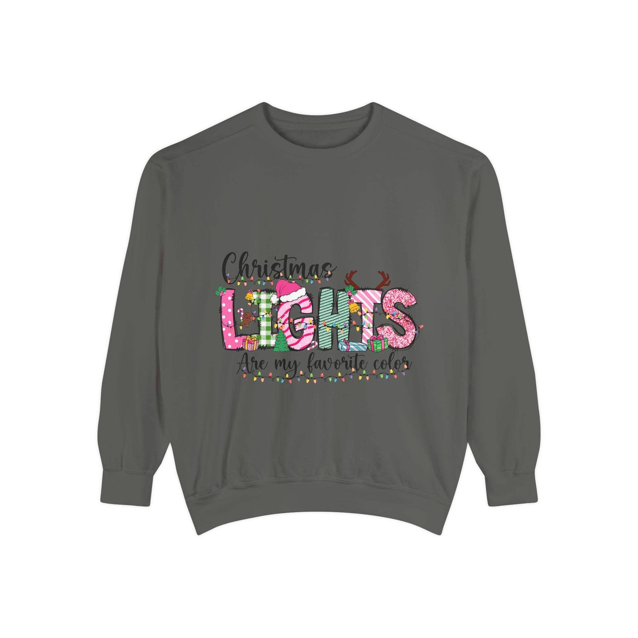 White sweatshirt featuring colorful Christmas lights, perfect for festive wear by Printify