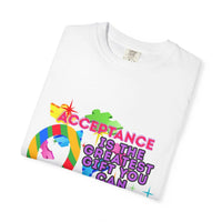 White garment-dyed T-shirt with Autism Acceptance design and colorful puzzle pieces promoting inclusivity and support