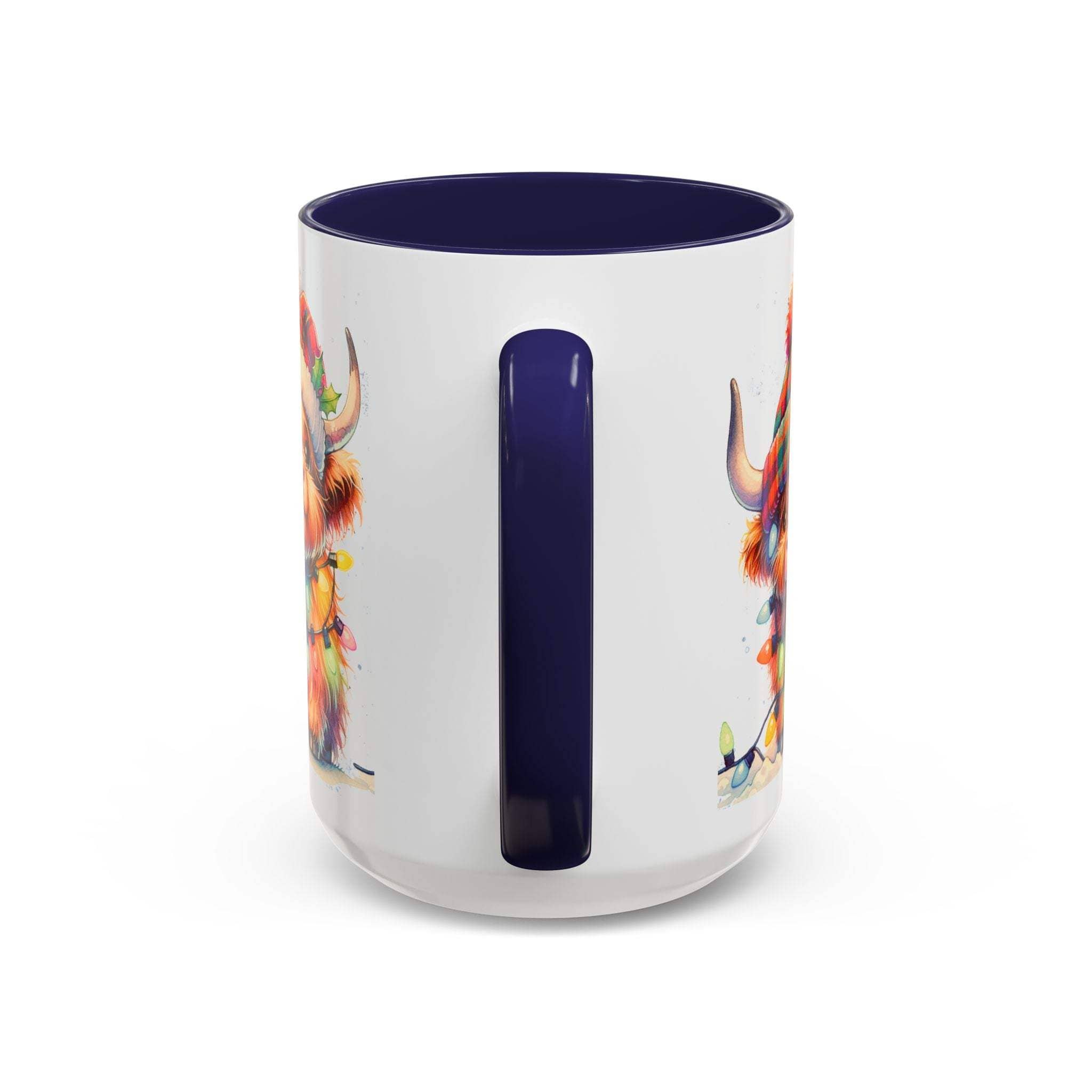 Scottish Highland Cow Christmas coffee mug with navy handle and festive design