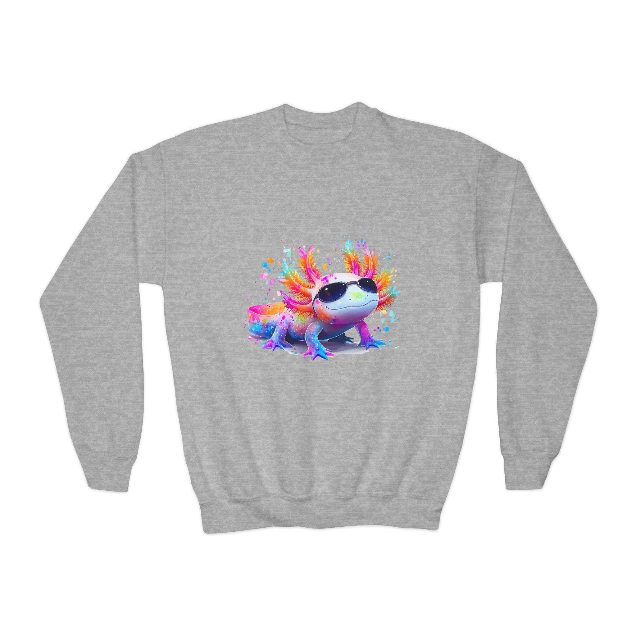 Colorful maroon sweatshirt featuring a rainbow axolotl design for kids by Printify