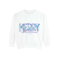 White sweatshirt with iridescent Merry Christmas design and ribbed cuffs, cozy holiday apparel