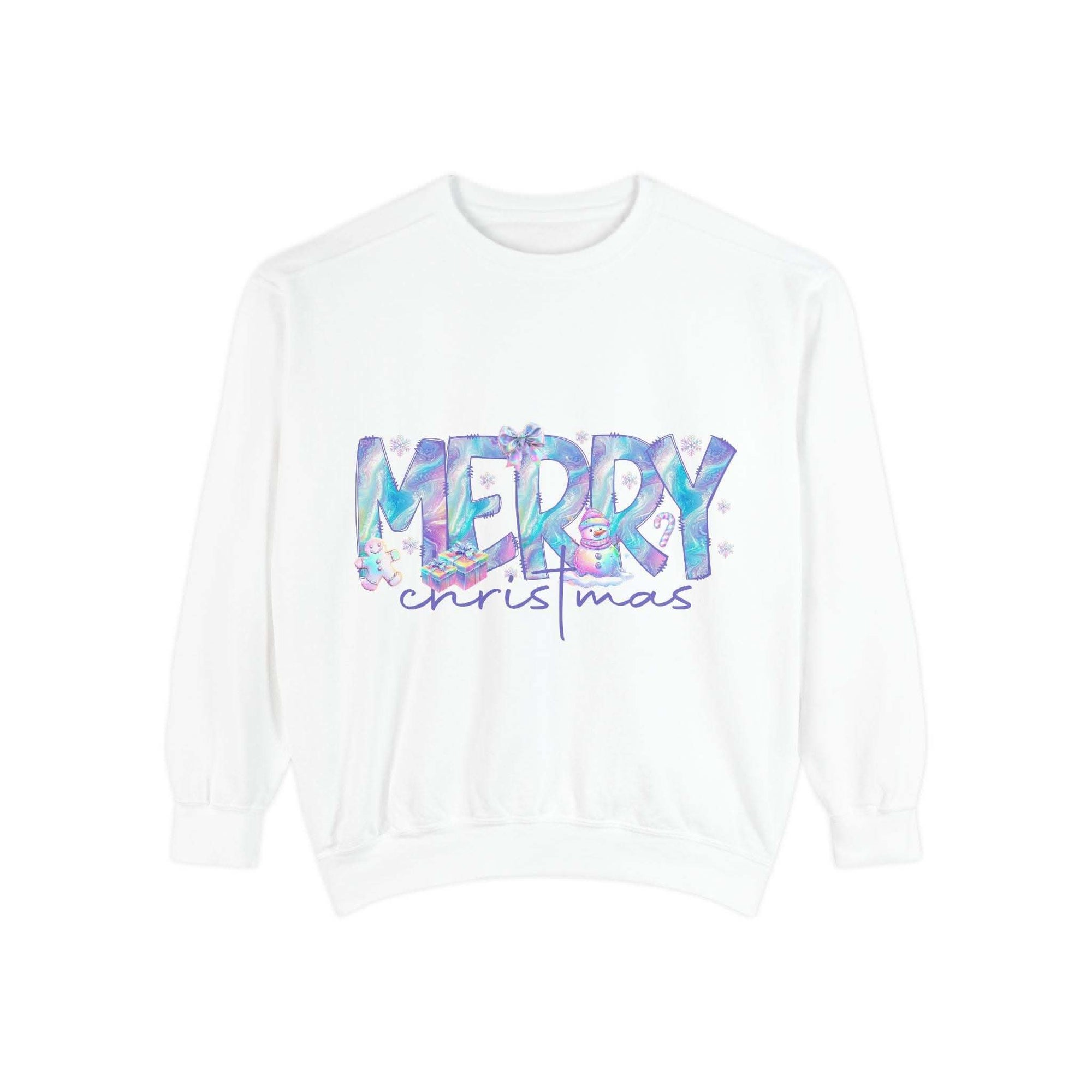 White sweatshirt with iridescent Merry Christmas design and ribbed cuffs, cozy holiday apparel