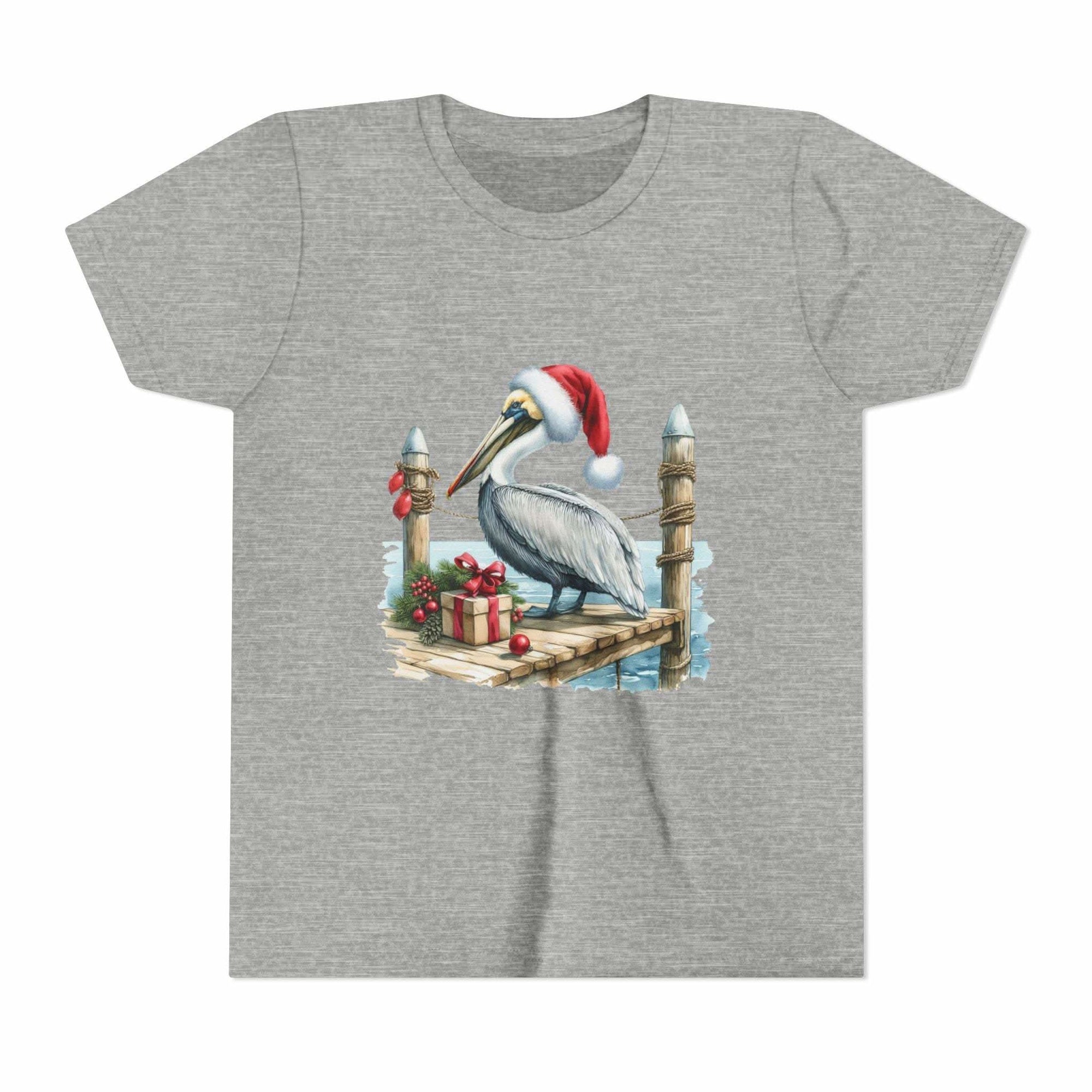 Gray t-shirt with a Christmas pelican design on a white background