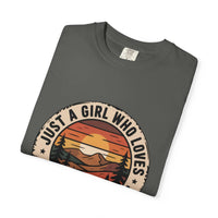 Just a Girl Who Loves National Parks T-Shirt made from soft, garment-dyed cotton with a relaxed fit and outdoor-inspired design