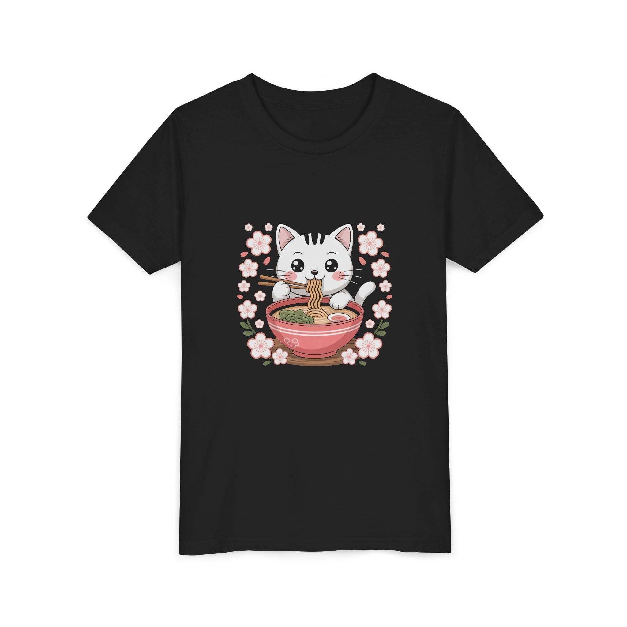 Youth tee with kawaii cat eating ramen bowl anime print