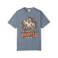Blue jean Comfort Colors 1717 Halloween mahjong T-shirt with a ghost holding a tile and “The Discard Pile Is Haunted (Obviously)” lettering.