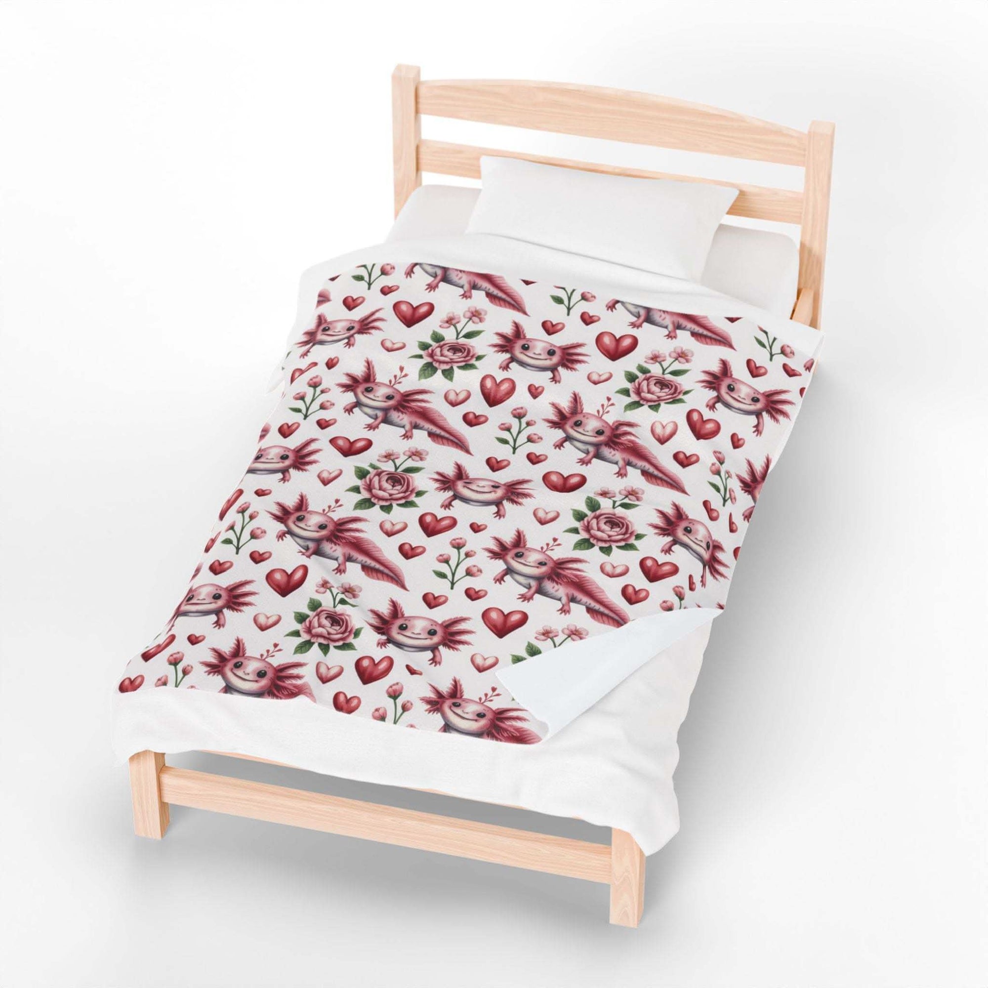 Floral axolotl valentine plush velveteen blanket with heart and blossom design