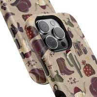 Cowboy Christmas design phone case for iPhone 17 in glossy finish by Printify, featuring festive colors and patterns.