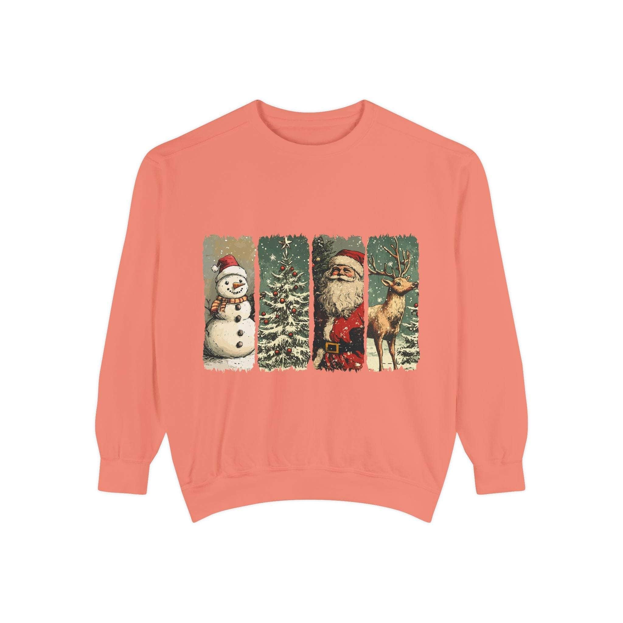 Vintage Christmas sweatshirt with watercolor snowman, Christmas tree, Santa, and reindeer design on a coral background