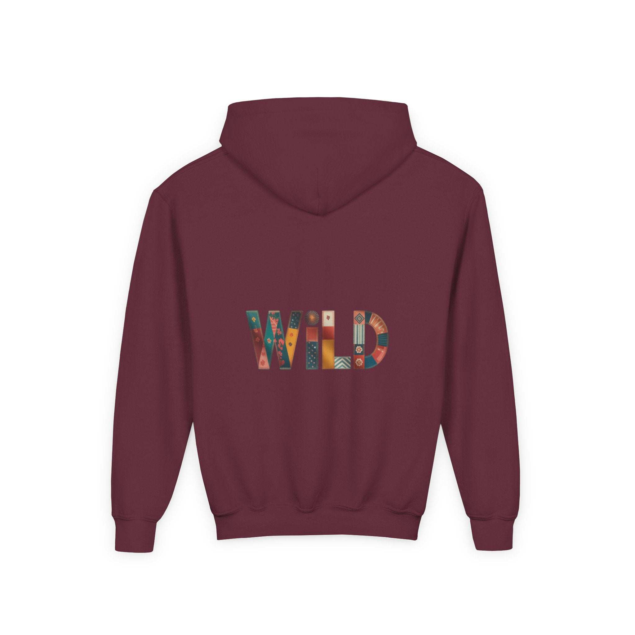 Patchwork Wild Word Hoodie for kids with colorful embroidered "WILD" text on maroon fabric, cotton-polyester blend, kangaroo pocket, casual youth fit
