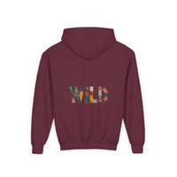 Patchwork Wild Word Hoodie for kids with colorful embroidered "WILD" text on maroon fabric, cotton-polyester blend, kangaroo pocket, casual youth fit