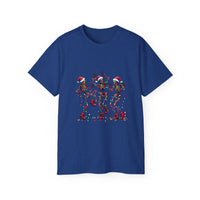 White Christmas Dancing Skeletons t-shirt by Printify, festive design perfect for holiday celebrations