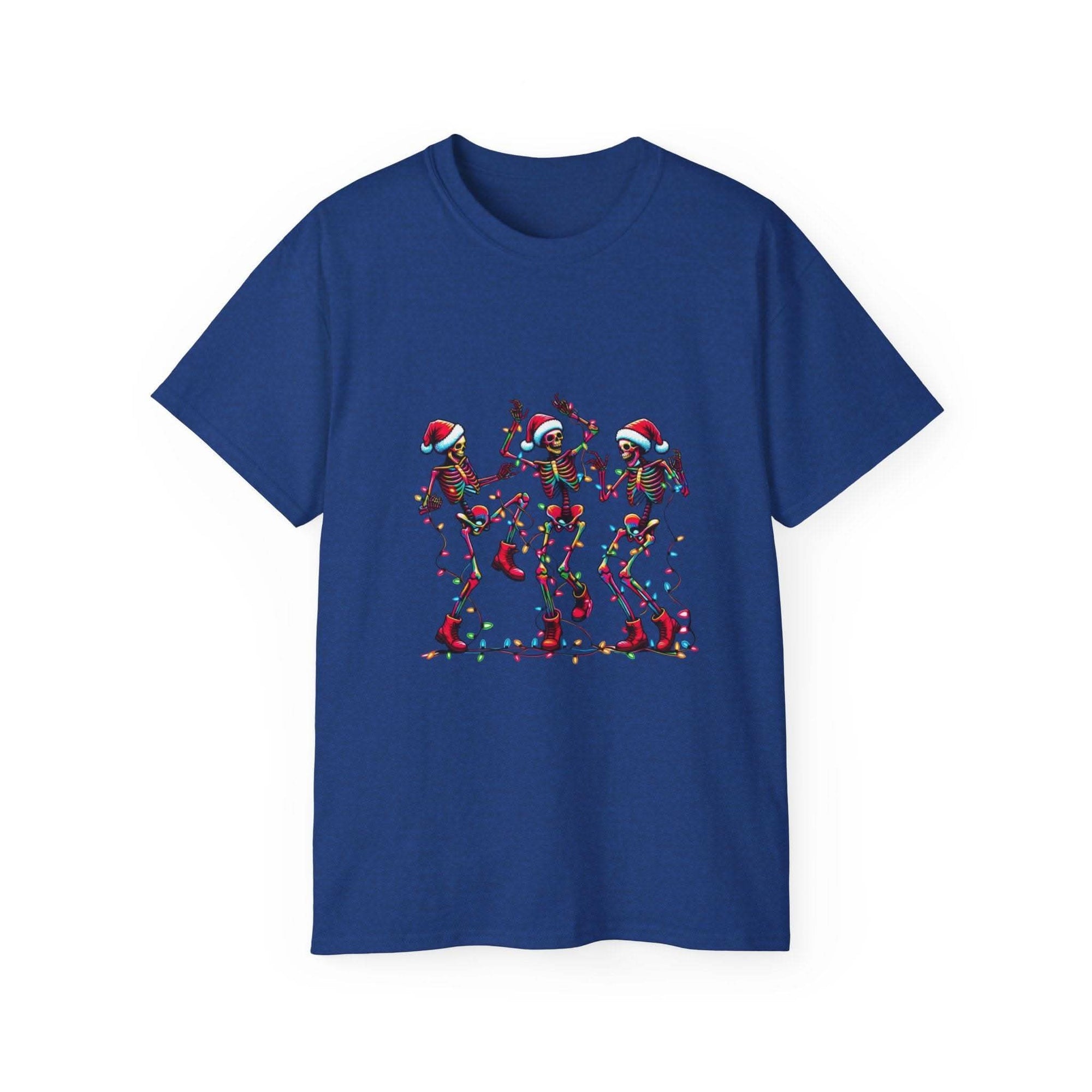 White Christmas Dancing Skeletons t-shirt by Printify, festive design perfect for holiday celebrations