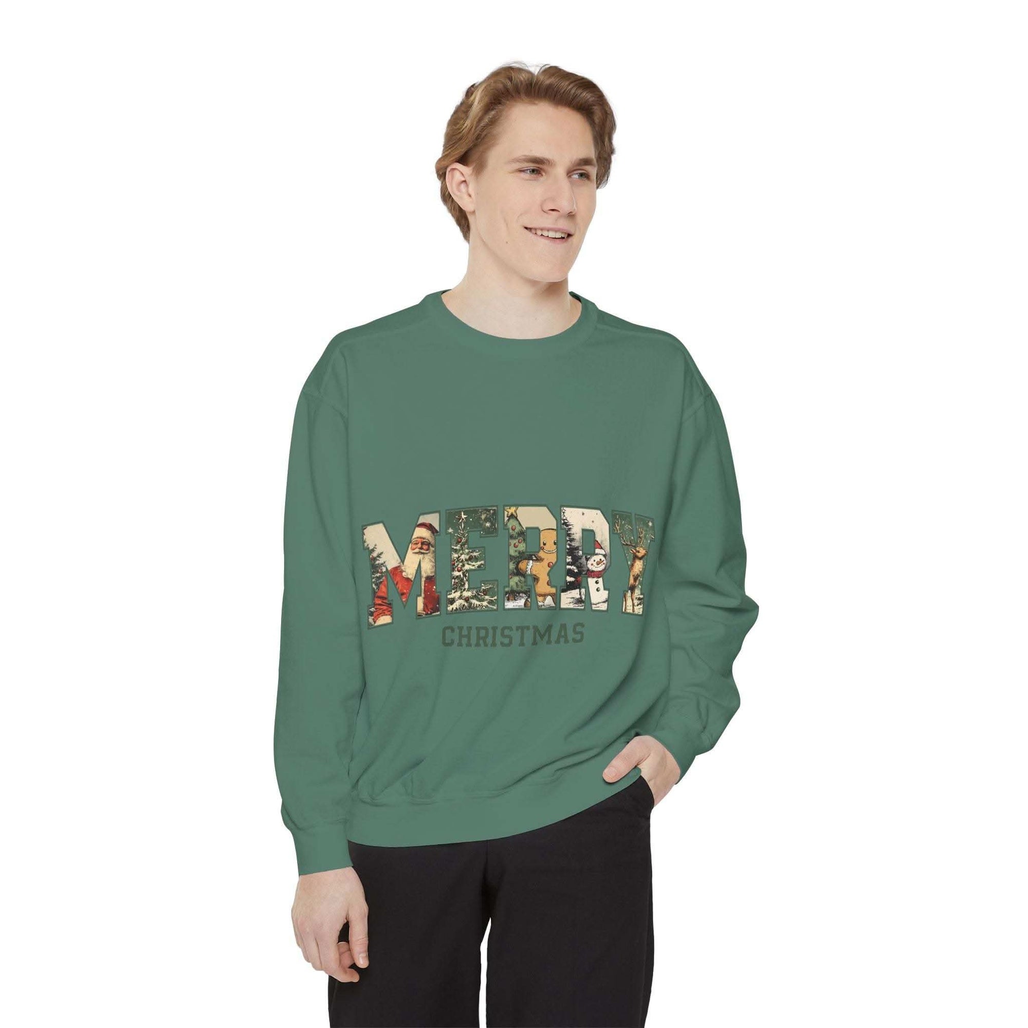 Unisex Vintage Varsity Merry Christmas green sweatshirt with floral festive print