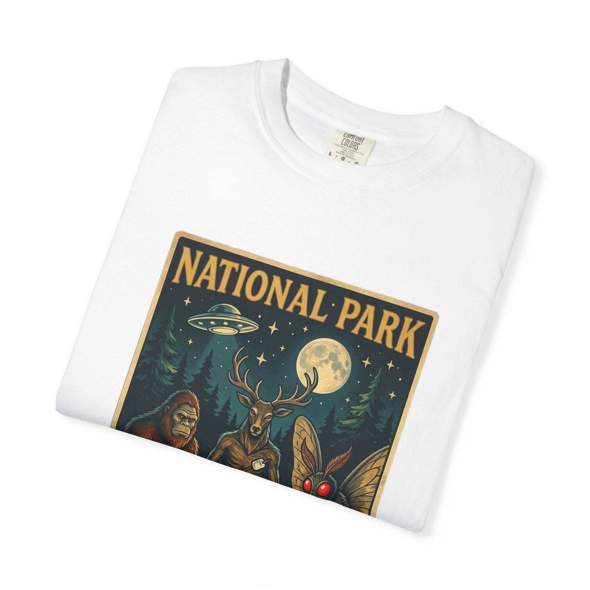 National Park After Dark t-shirt with campfire and nocturnal creatures design