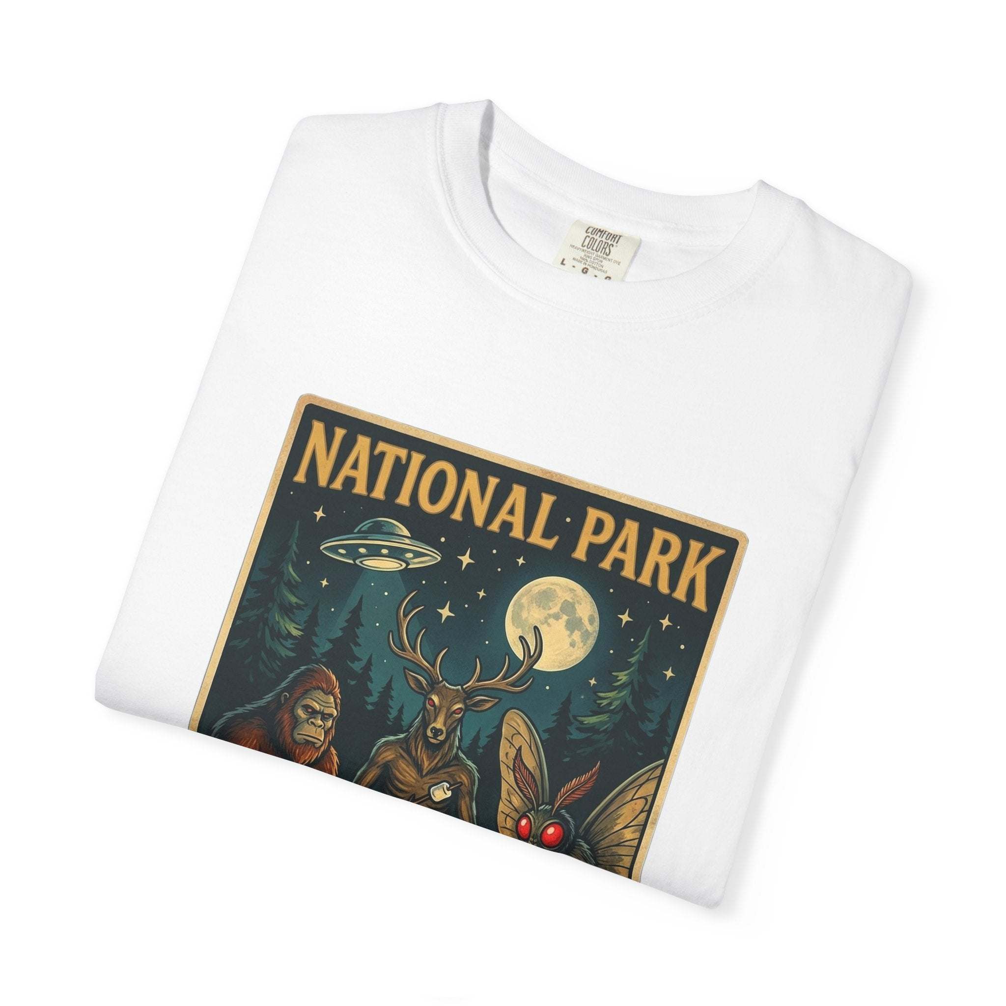 National Park After Dark T-Shirt | Campfire Sasquatch Mothman Night Creatures