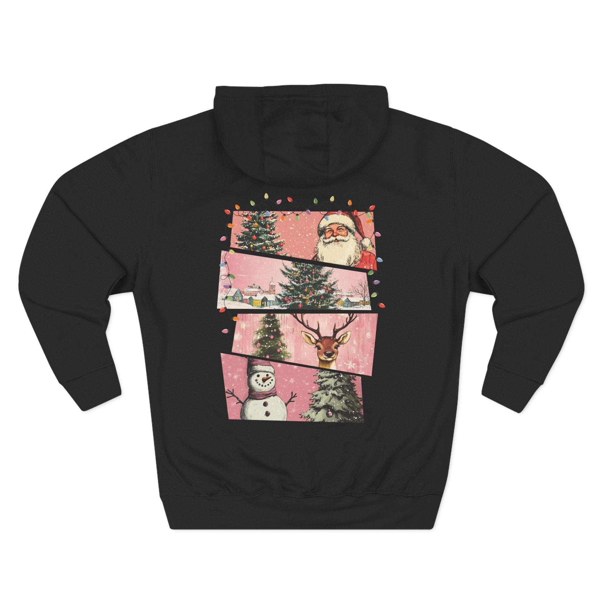 Black fleece hoodie with pink Christmas watercolor swatches featuring Santa, trees, reindeer, and snowman design