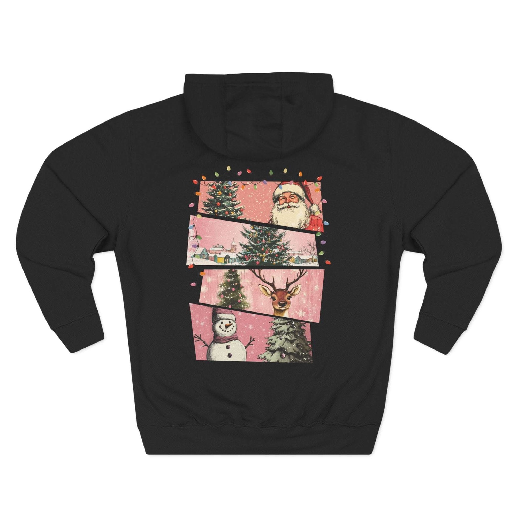 Black fleece hoodie with pink Christmas watercolor swatches featuring Santa, trees, reindeer, and snowman design