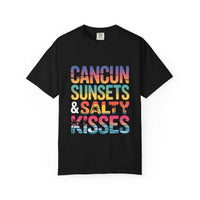 Black t-shirt with colorful text 'Cancun Sunsets & Salty Kisses' on a white background