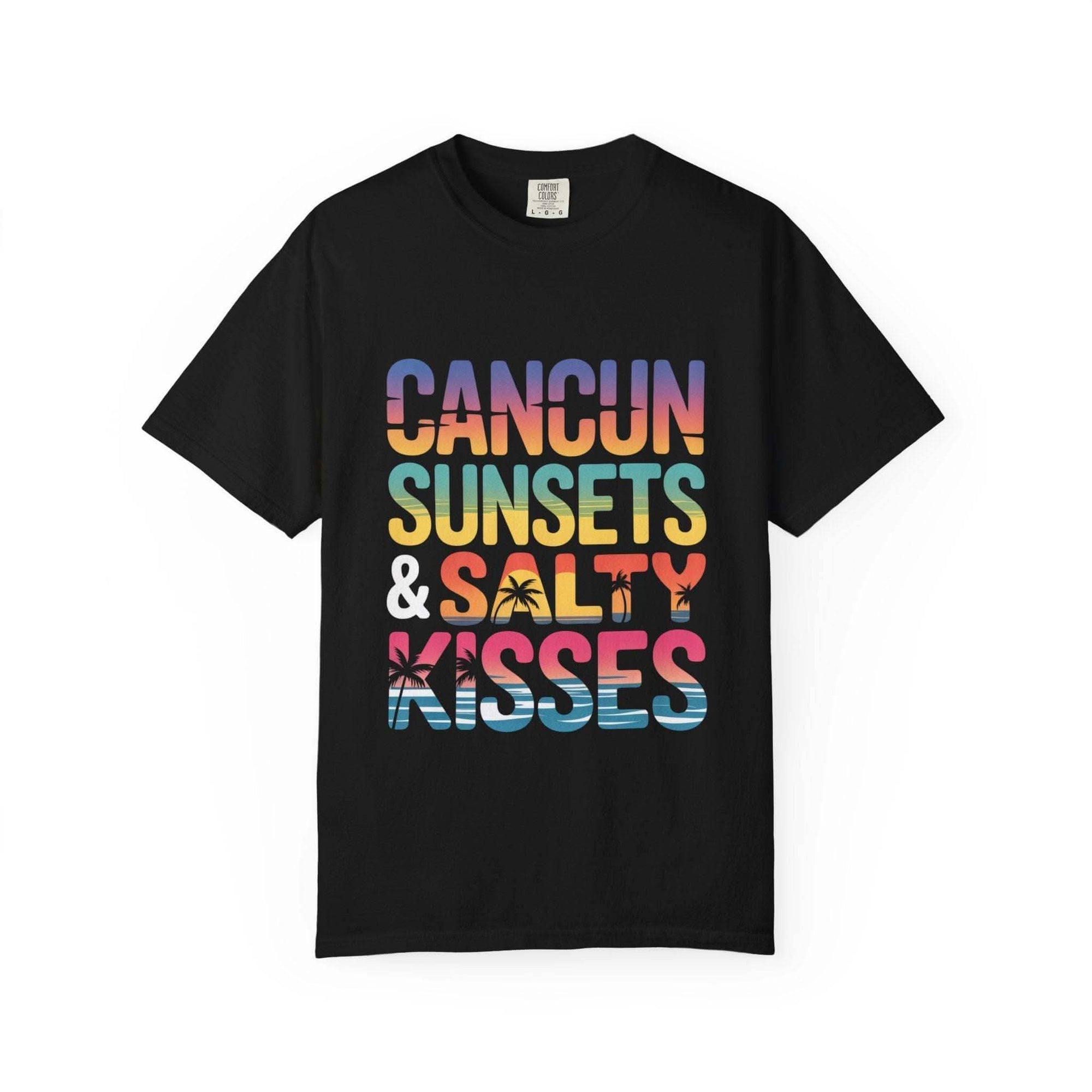 Black t-shirt with colorful text 'Cancun Sunsets & Salty Kisses' on a white background