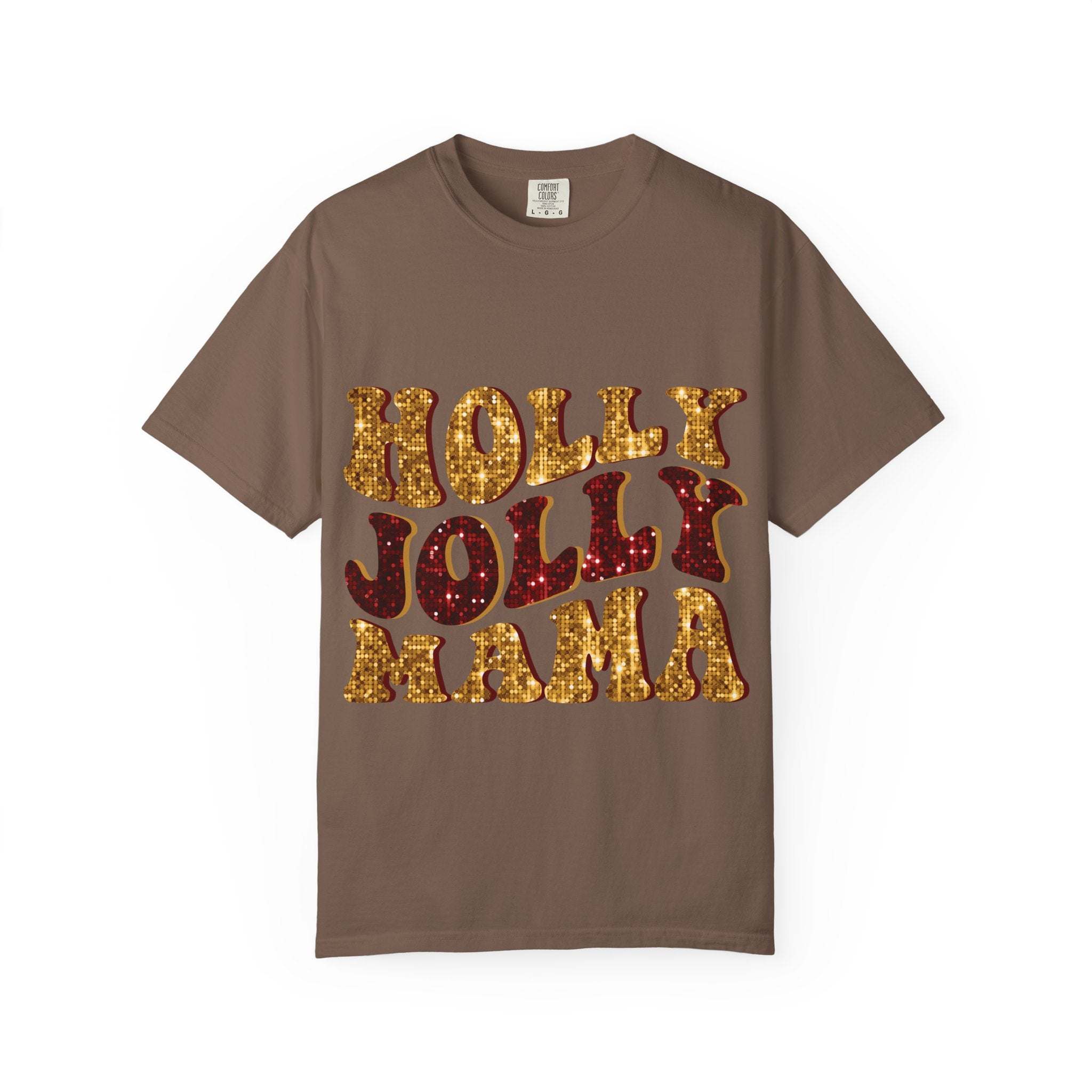 Faux Glitter Holly Jolly Mama brown t-shirt with festive glitter text for moms