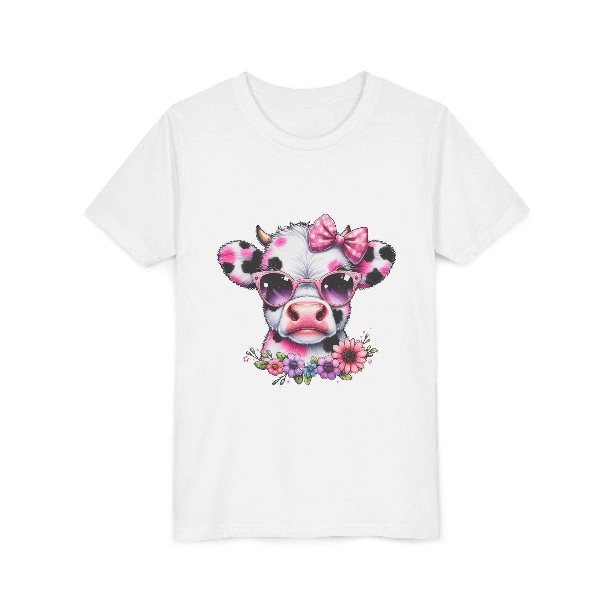 White t-shirt with a cow graphic wearing a pink bow and flowers on a white background