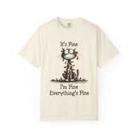 Off-white cat t-shirt with humorous "It's Fine, I'm Fine, Everything's Fine" text and small cat illustration
