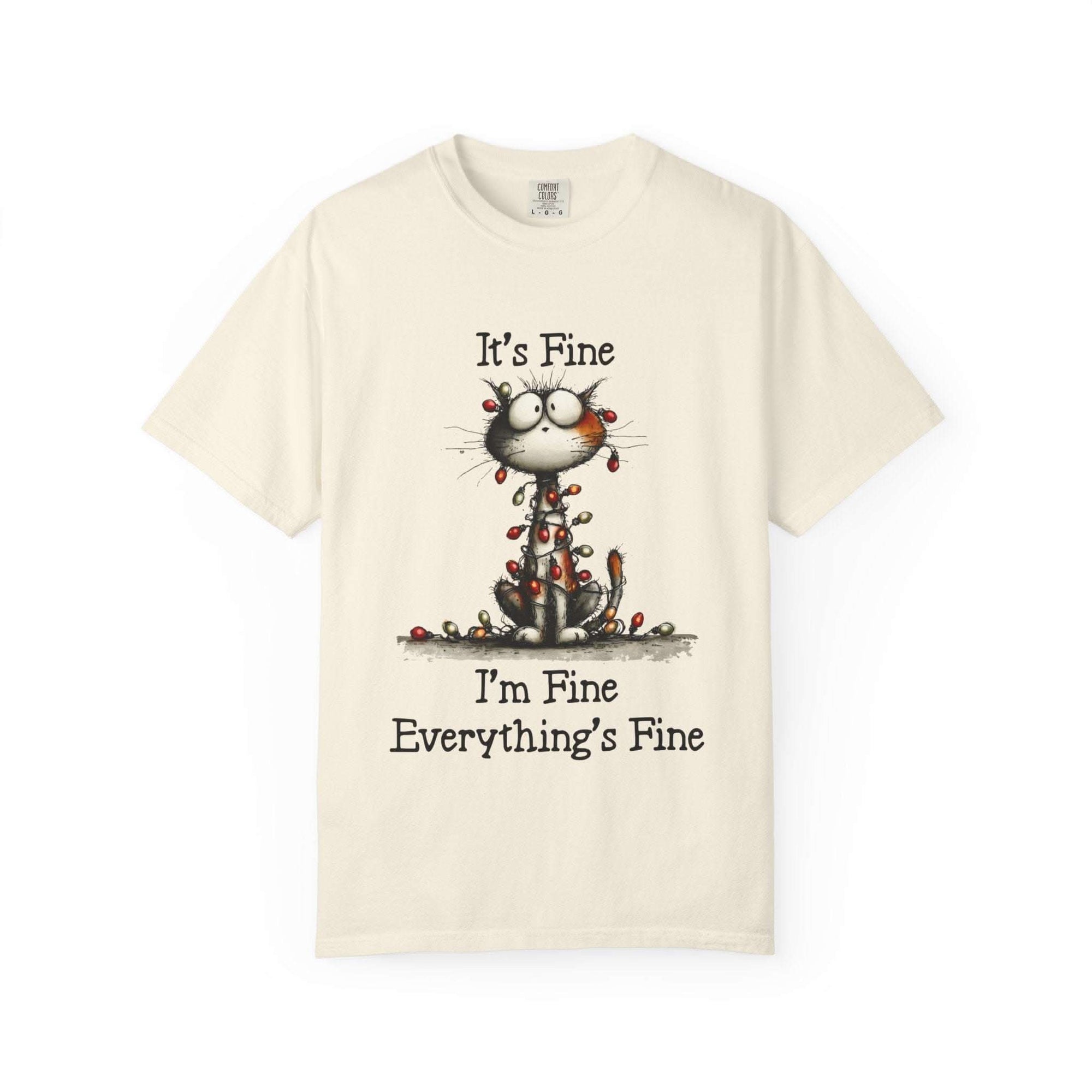 Off-white cat t-shirt with humorous "It's Fine, I'm Fine, Everything's Fine" text and small cat illustration
