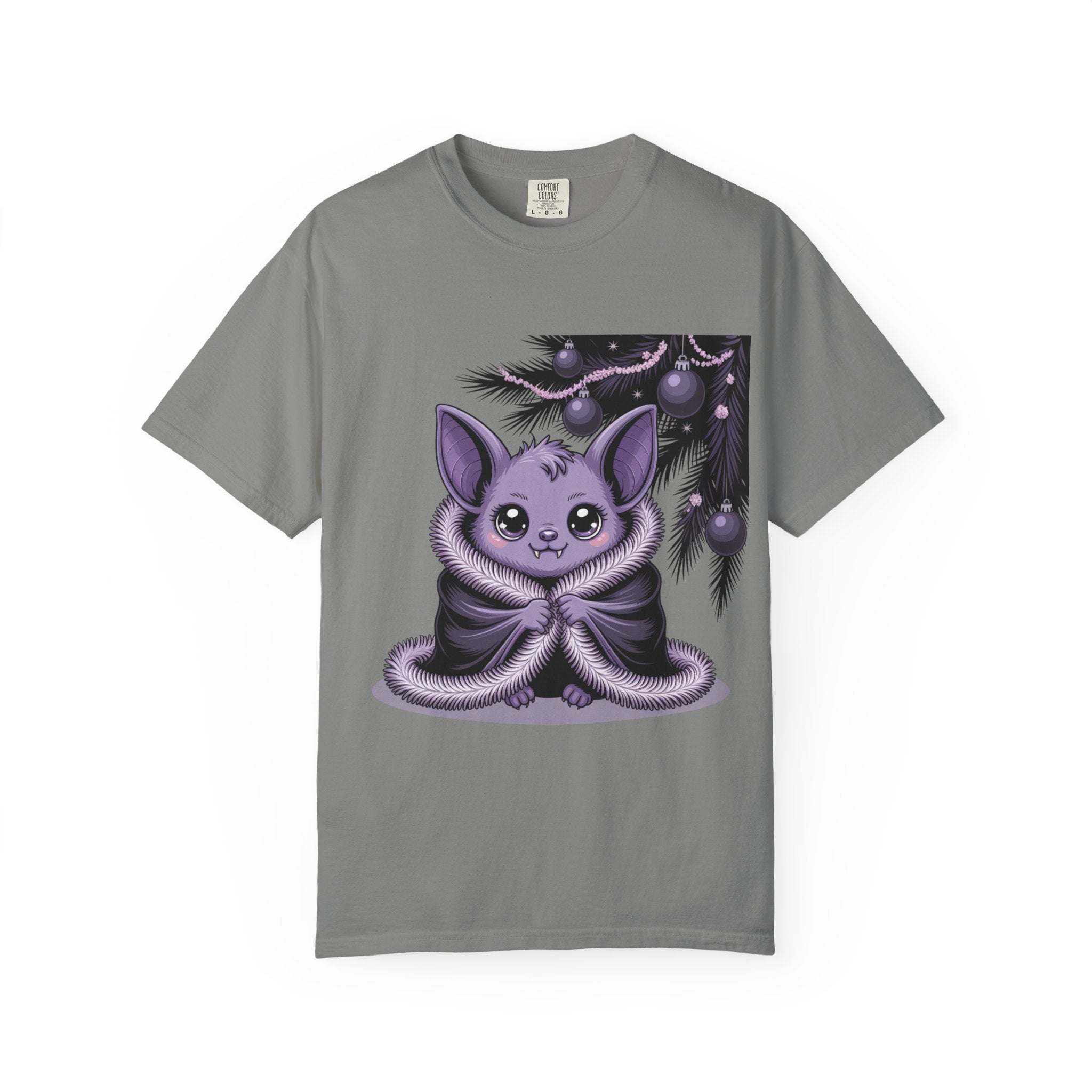 Gray t-shirt with a purple creature graphic on a white background