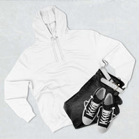 White fleece hoodie with adjustable drawstring hood, paired with black jeans and black sneakers with white laces.