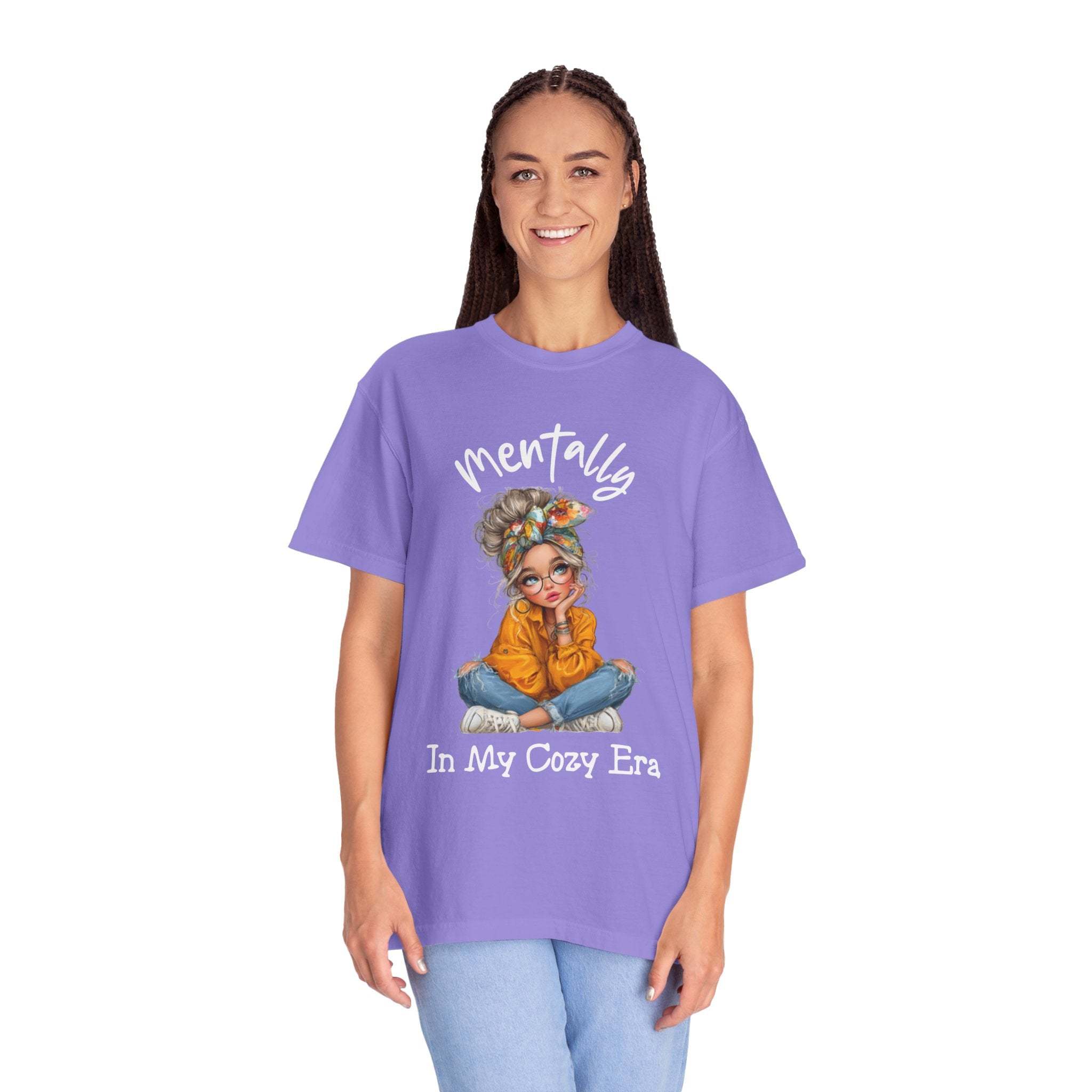 Woman wearing lavender Mentally in My Cozy Era t-shirt with cozy graphic design