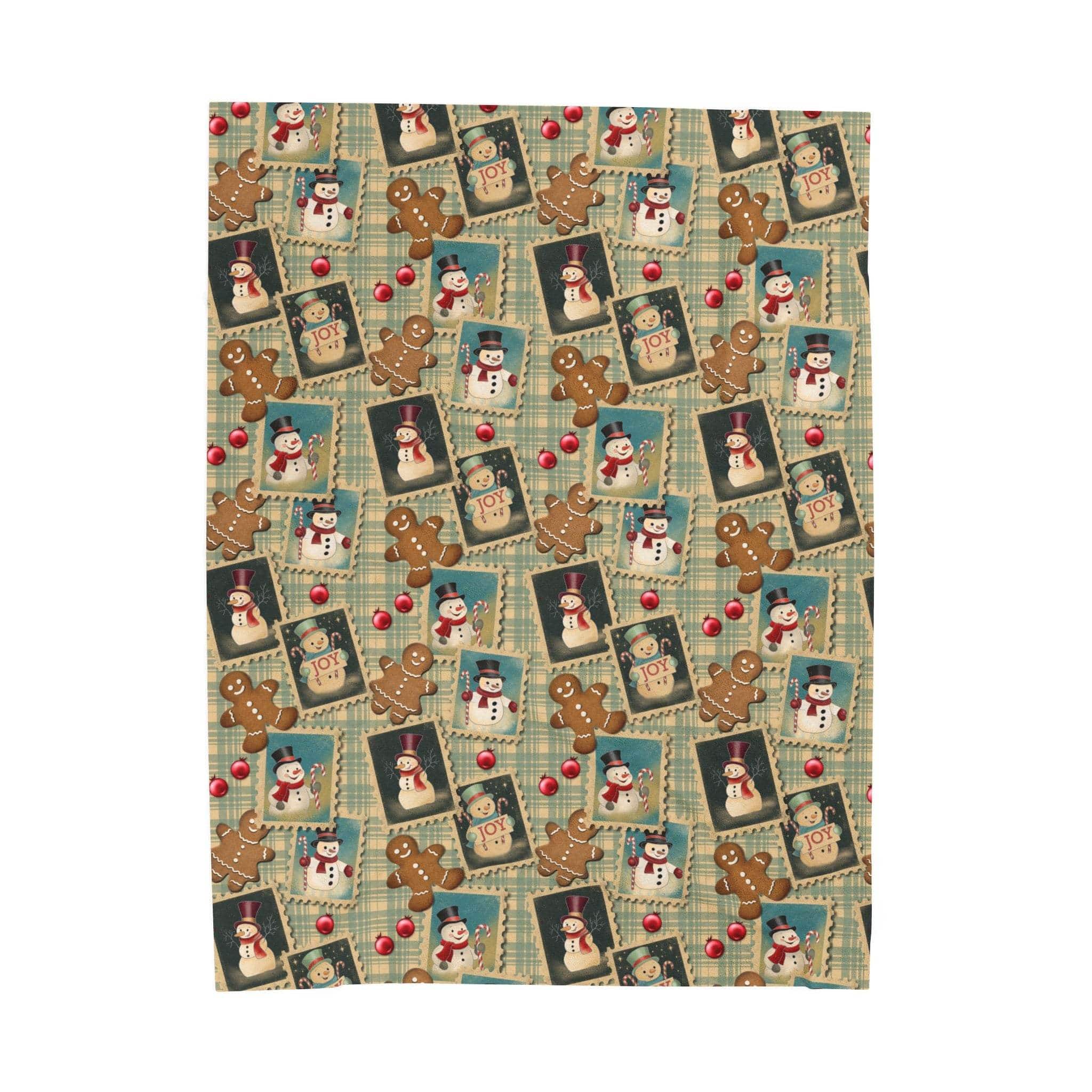 Plush blanket with retro Christmas watercolor design featuring gingerbread men, snowmen, and holiday postcards